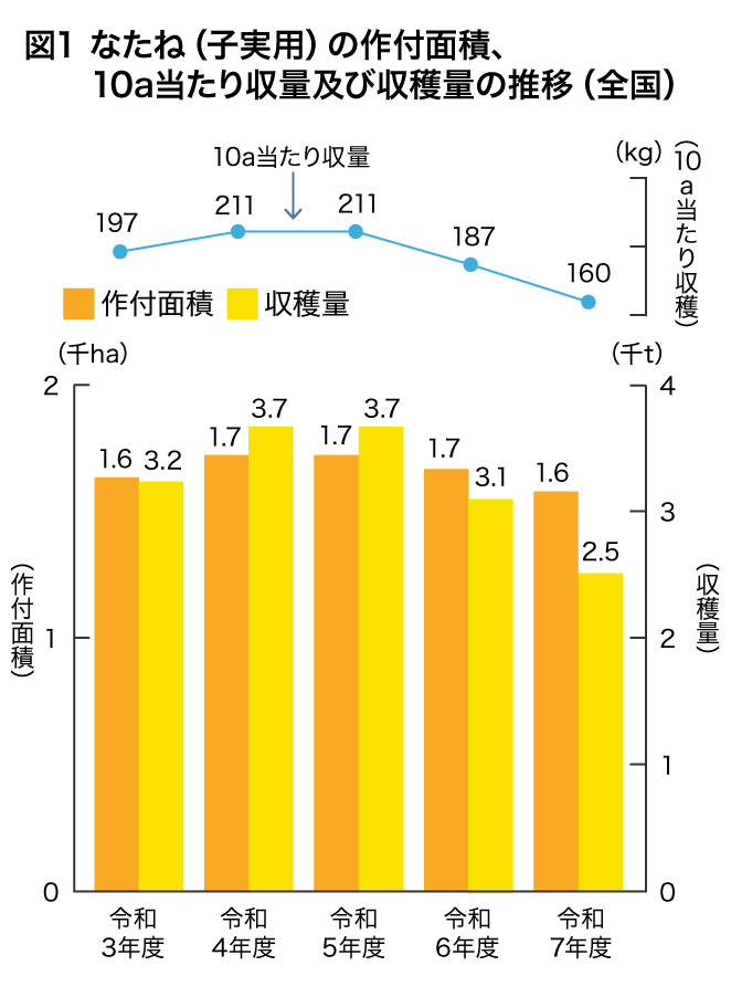 なたね（子実用）の作付面積、10aあたり収量及び収穫量の推移（全国）のグラフ